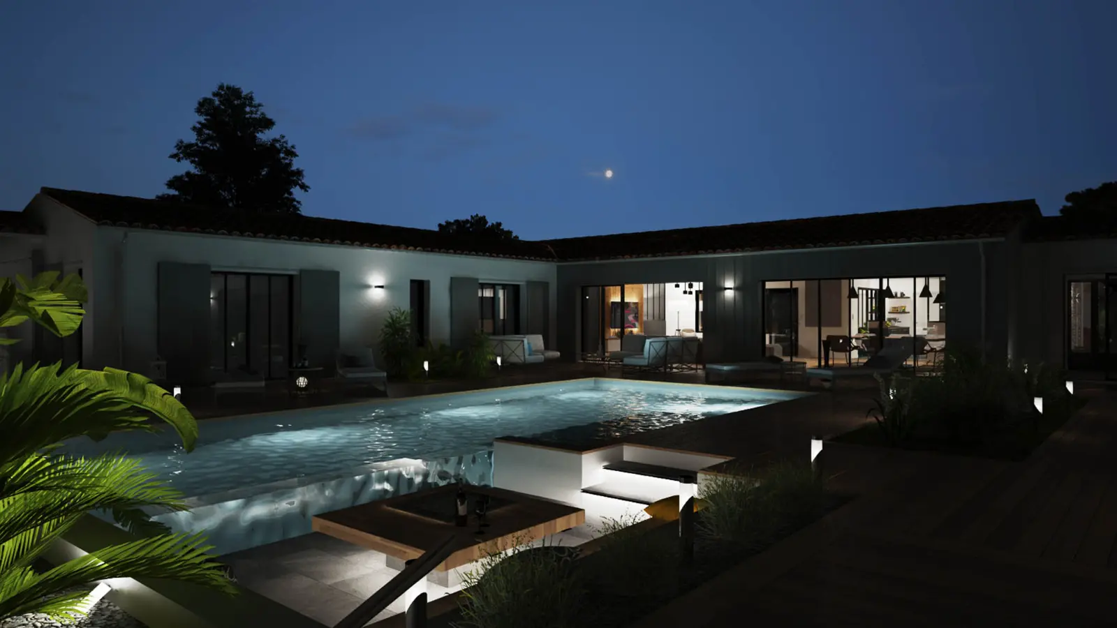 Vue nuit construction maison ile de re avec piscine terrasse bois